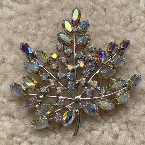B David Signed Aurora Borealis Rhinestone Leaf Brooch